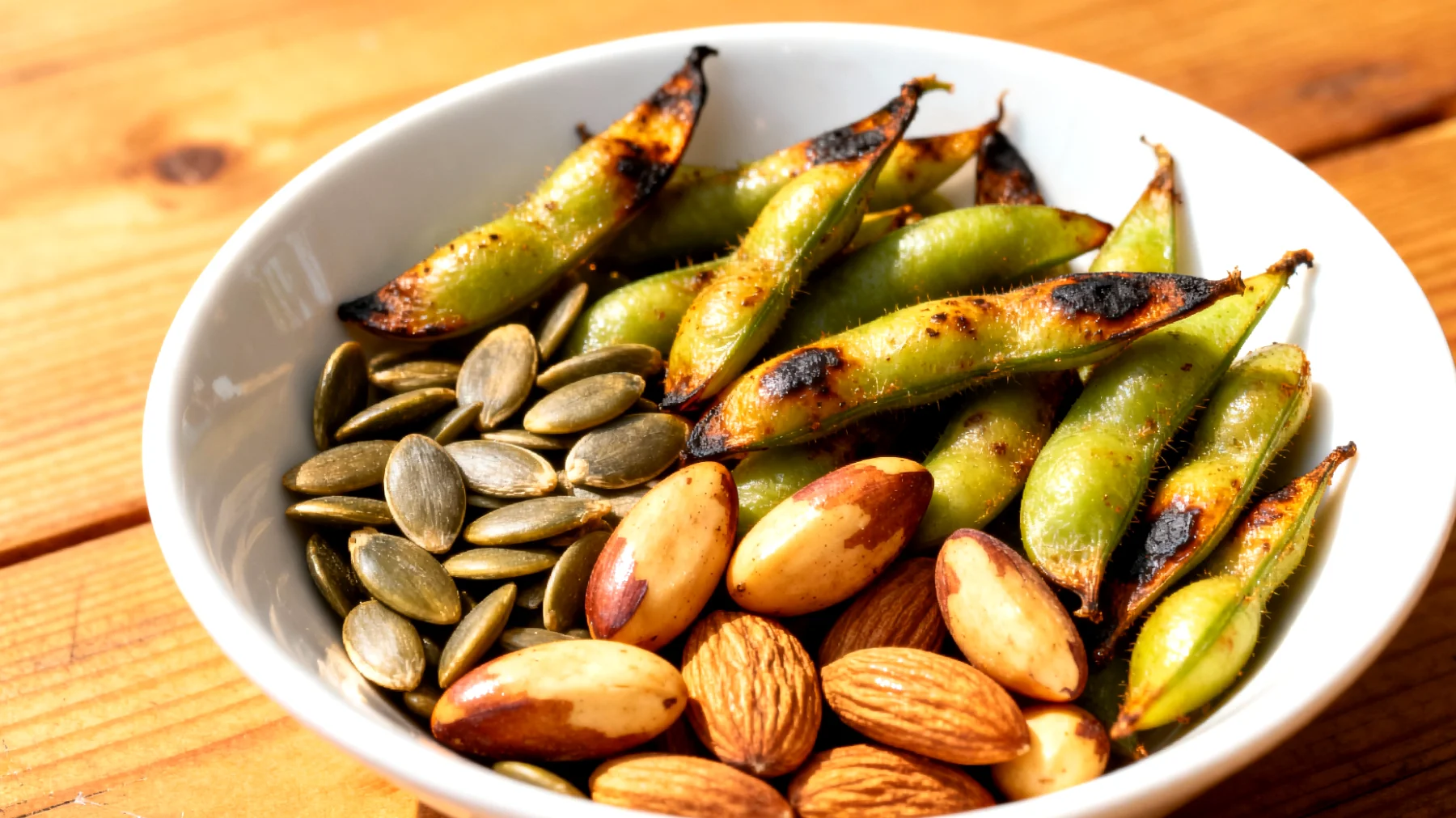 Edamame tostati con semi di zucca e noci del Brasile"