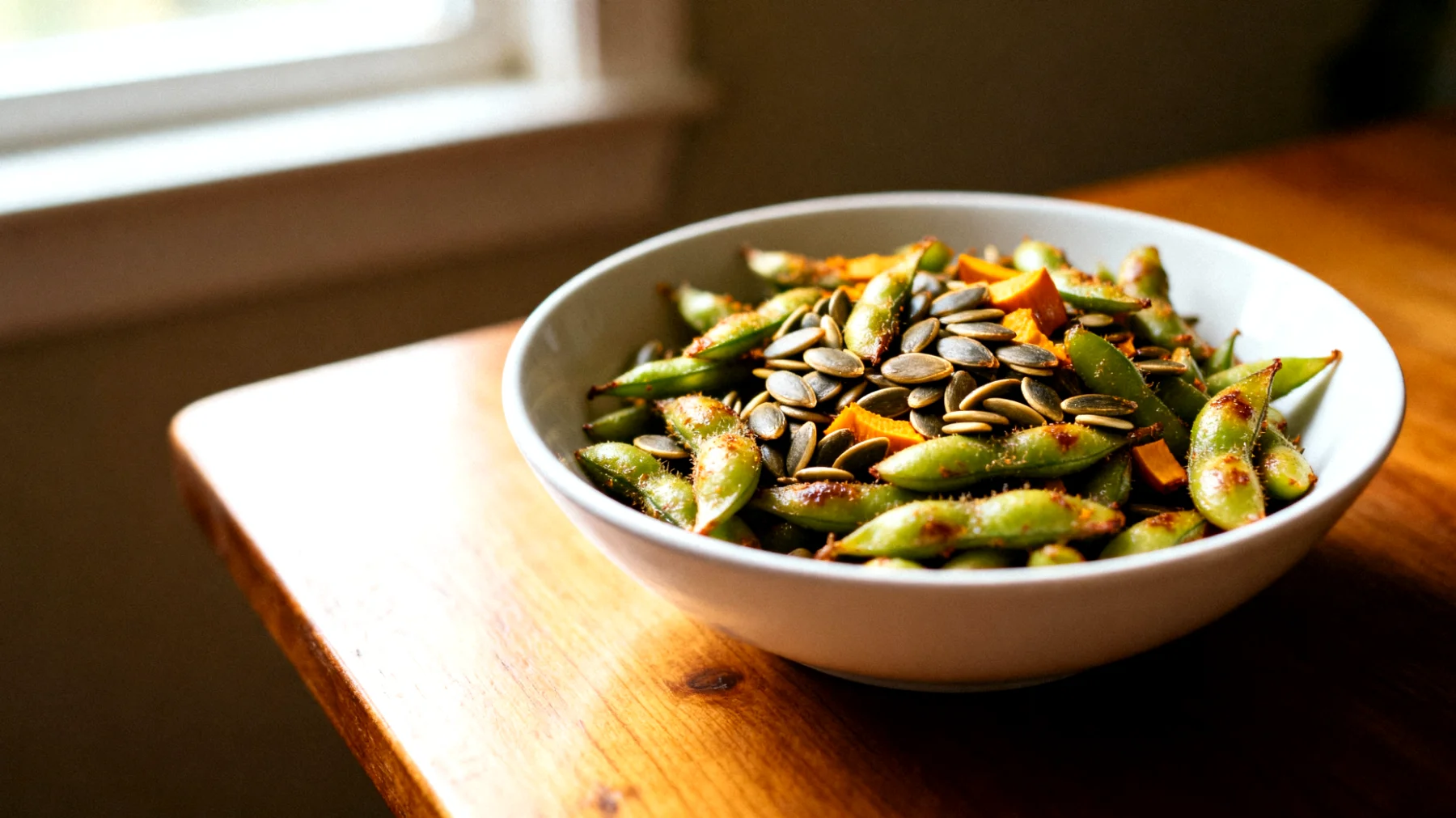 Edamame tostati con semi di zucca"